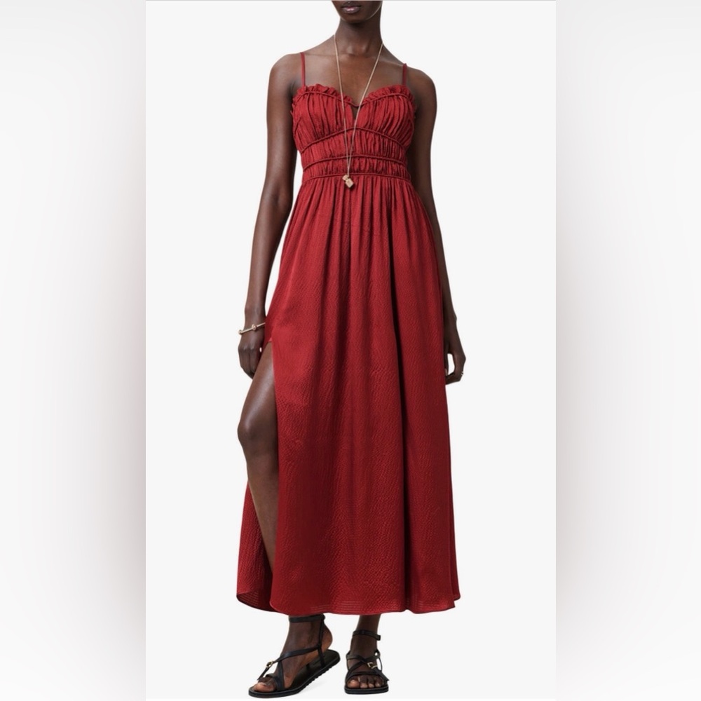 AllSaints Deep Red Silk Maxi Dress with Side Slit